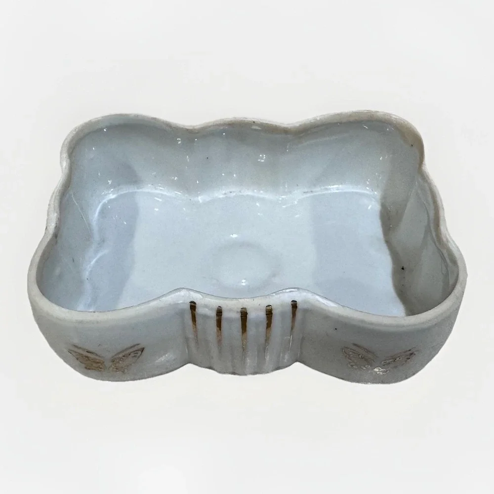 VTG Ceramic Soap Dish White Gold Brown Butterfly MCM Hand Painted‎ Made In Japan
